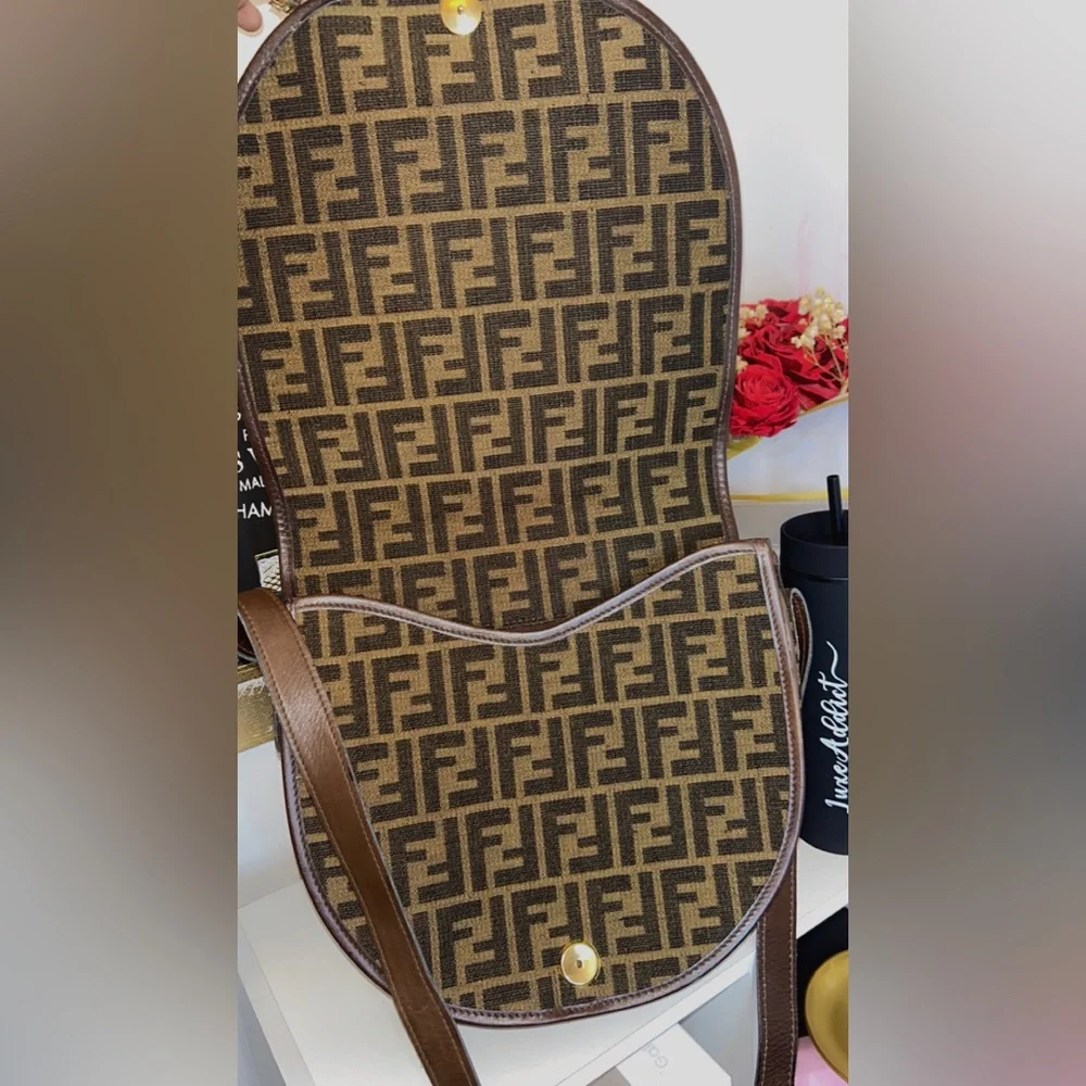 Vintage Fendi Zucchino FF Canvas Saddle Shoulder Bag Brown - Picture 6 of 13